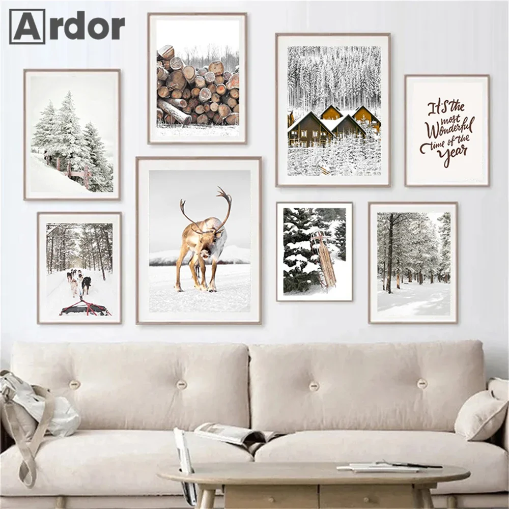 Winter Snow Forest Wood Posters Deer Sled Dog Canvas Painting House Wall Art Landscape Print Nordic Wall Pictures Bedroom Decor