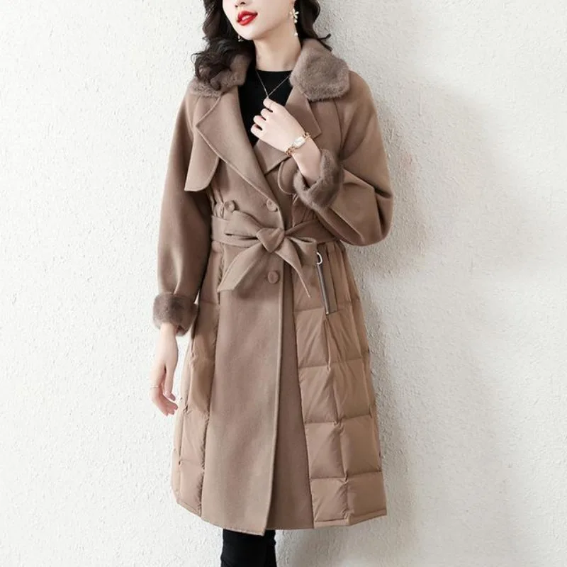 2023 Winter New Women Temperament Lapel Woolen Coat Long Below The Knee Design Patchwork Down Cotton Jacket Large Size Outwear