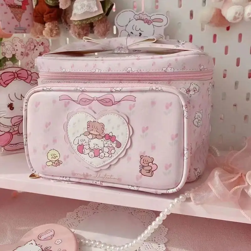 Cute Makeup Bag Mikko Pink Original Large Capacity Cartoon Cute Printed Storage Bag Pu Leather Waterproof Portable Makeup Bag