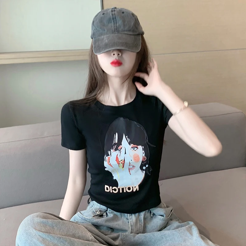 Retro American Short Sleeve T-Shirt Women's Fashionable Spicy Girl Short Style Versatile Printed Top Summer Korean Style roun...