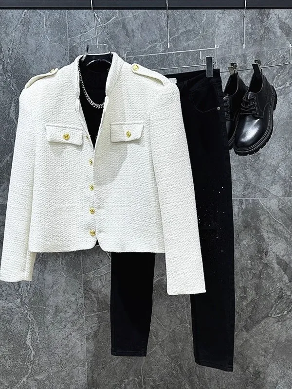 

Новый повседневный вязаный твидовый костюм с воротником-стойкой, роскошный мужской жакет из полиэстера, универсальный, модный, молодежный, приталенный крой