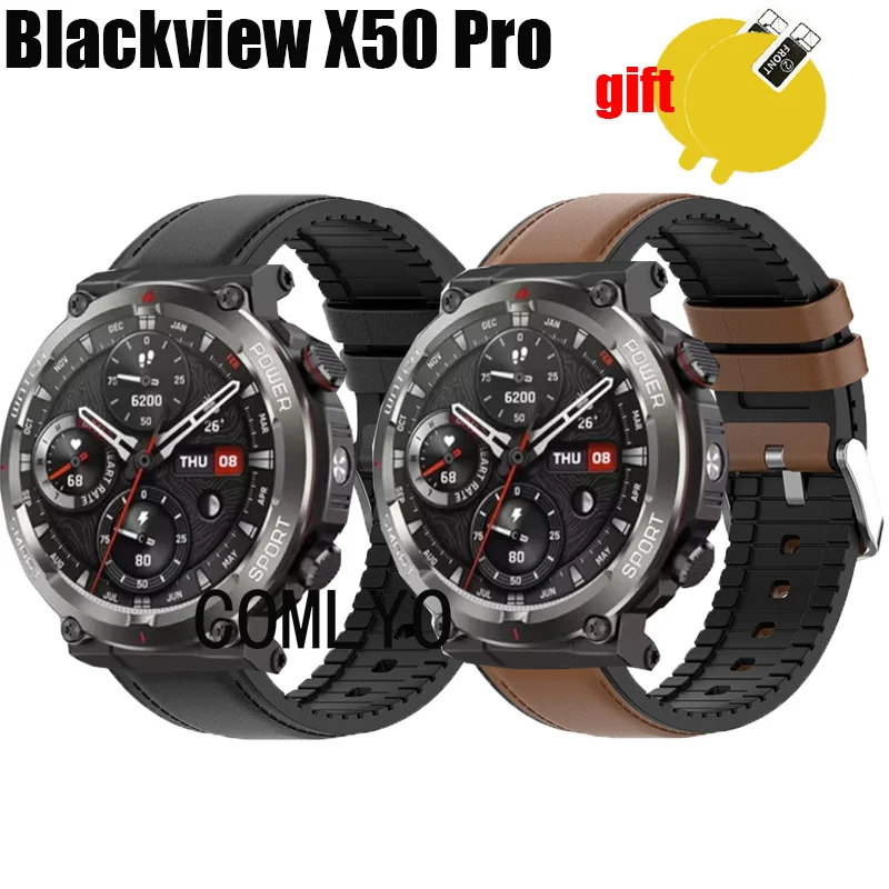 Cinturino per Blackview W50 Pro Smart Watch cinturino in pelle + pellicola proteggi schermo per cintura sportiva in silicone