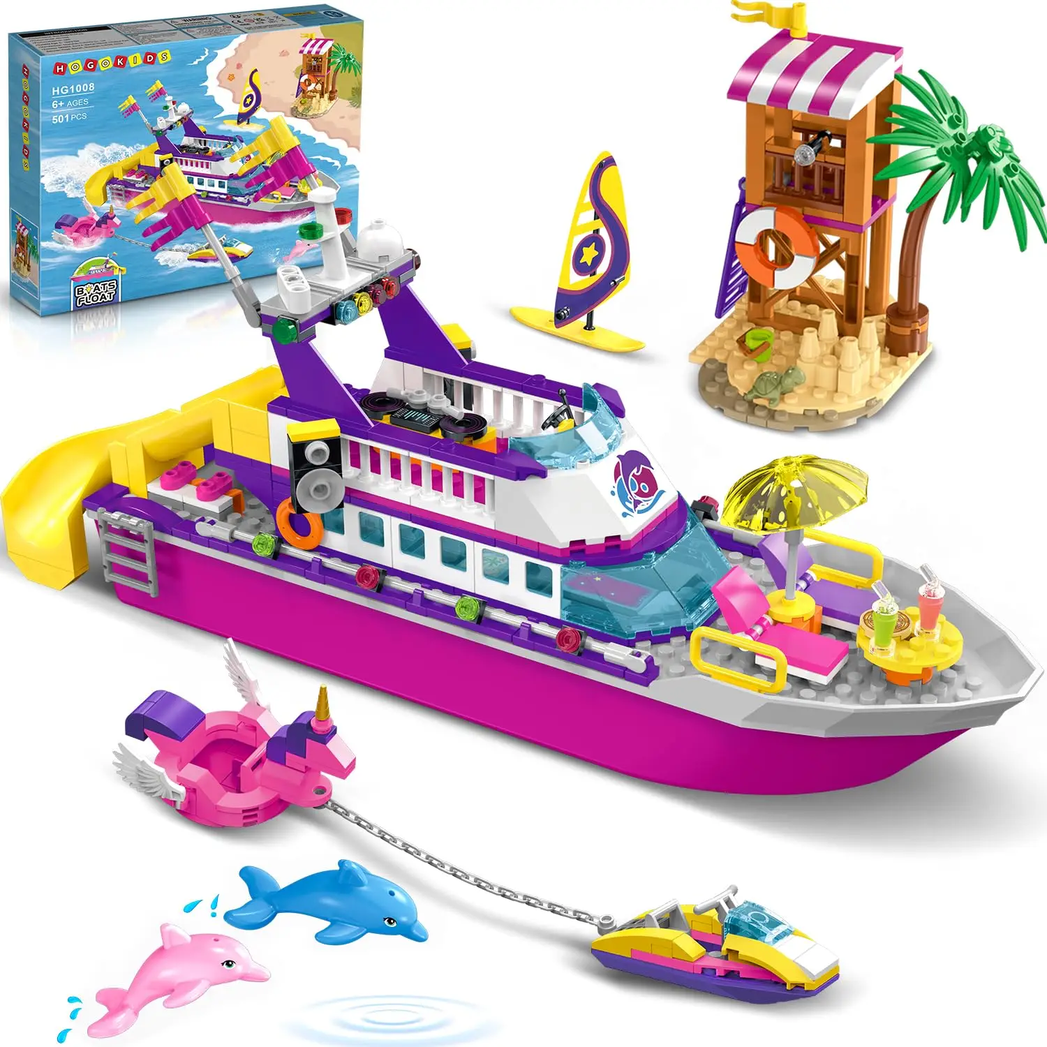 HOGOKIDS Boat BuildingSet with LED-Floatable Cruise Ship with Beach Scooter&Dolphins Watchtower Friends Playset Gift for Kid 6+