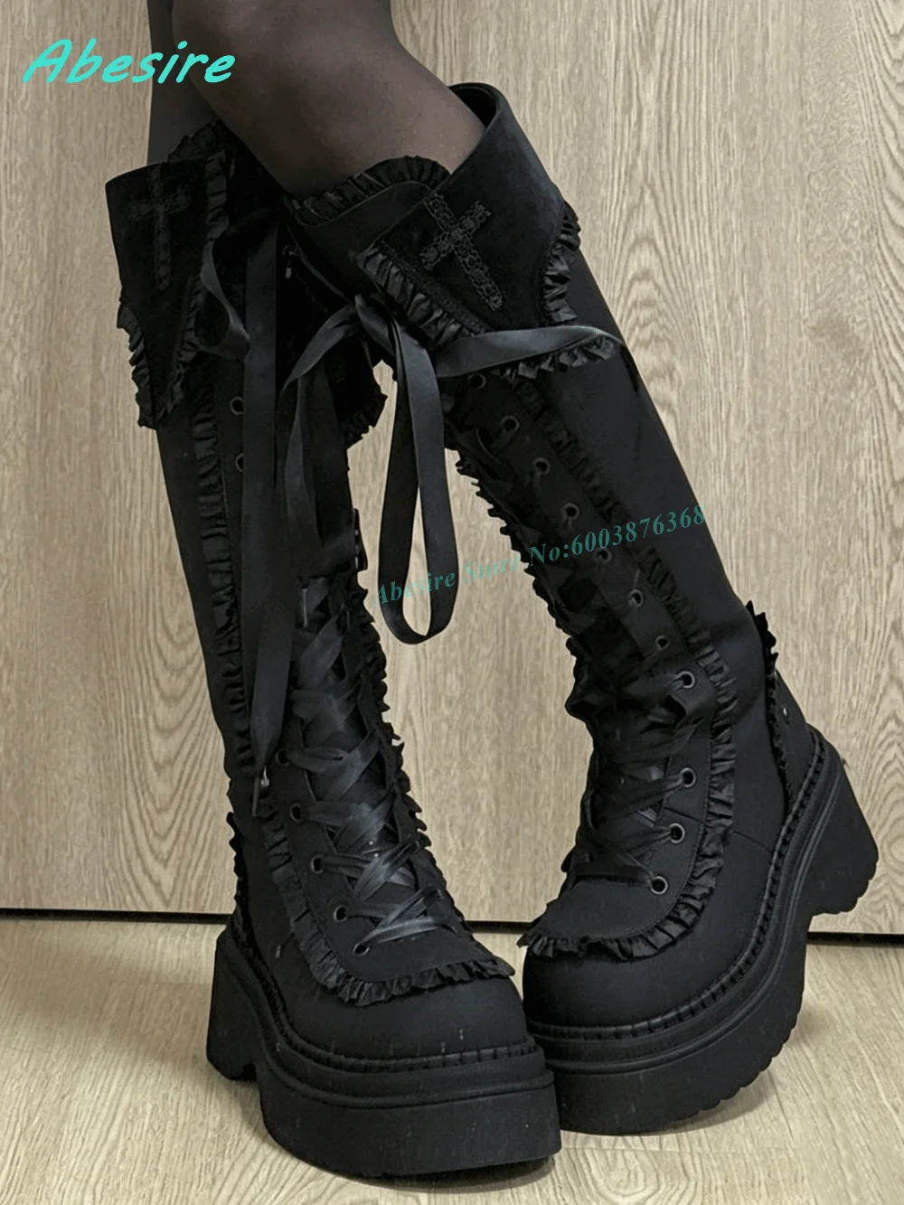 Black Ruffled Cross‑Tied Platform Knee‑High Boots Round Toe Lace‑Up Chunky‑Heel Women's Boots Gothic Lolita Sweet Shoes