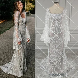 Boho Long Batwing Sleeves Lace Wedding Dress Drop Ship Customized Mermaid Rustic Beach 2024 Square Neck Open Back Bridal Gowns