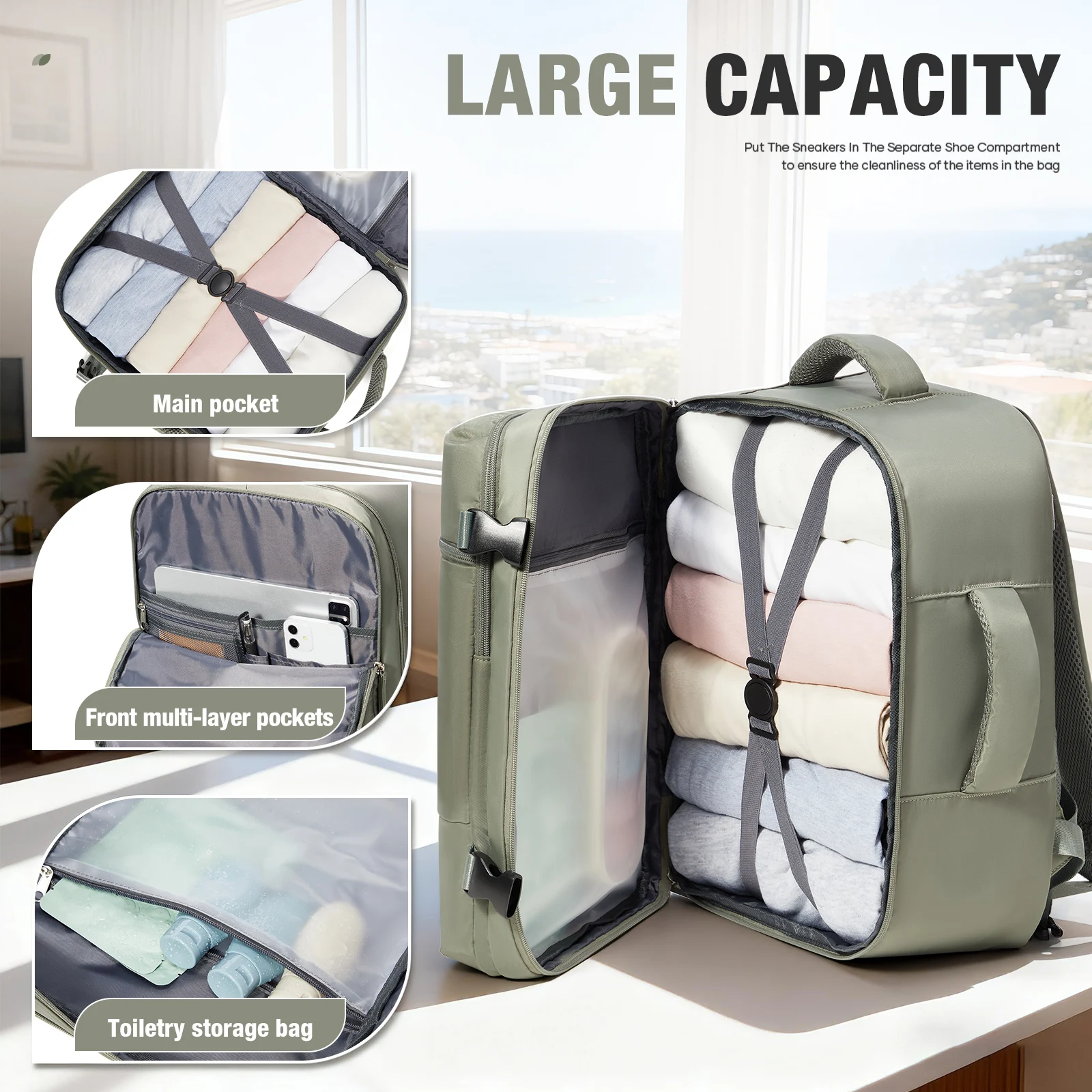 حقيبة أمتعة يدوية، حقيبة ظهر قابلة للحمل مقاس 40 × 30 × 20، حقيبة ظهر للسفر للنساء والرجال متوسطة الحجم وخفيفة الوزن #2