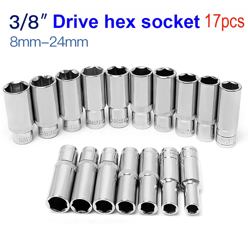 17pcs/set 63mm long 3/8 inch Deep Socket 8mm-24mm Hex Socket Nut Wrench 6 Point Long Sleeve Car Repair Tool Accessories