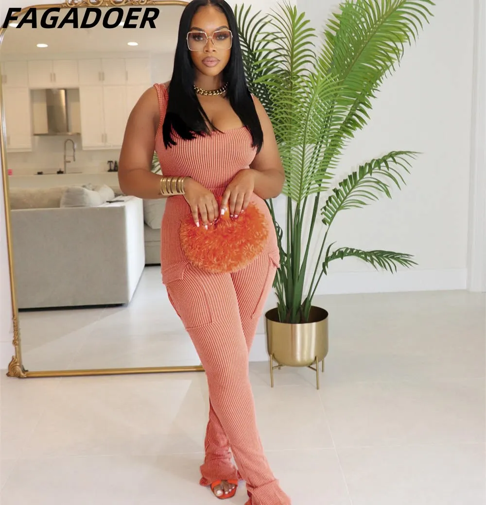 FAGADOER Casual Solid Ribber Skinny Pants Tracksuits Women Strap Sleeveless Backless Bodysuits And Pants Two Piece Sets Outfits