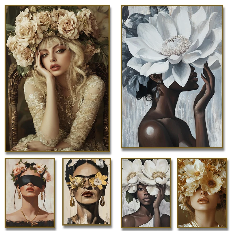 Victorian Woman Flower Crown Poster Black Woman with Lotus Canvas Painting Print Wall Picture for Living Room Home Decor Cuadros