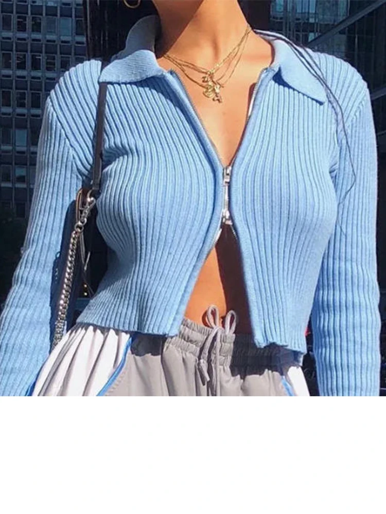 Damski kardigan dziergany jesienno-zimowy, nowy sweter z krótkim krojem i kołnierzykiem, streetwearowy, dopasowany, dzianina Y2K, odzież damska