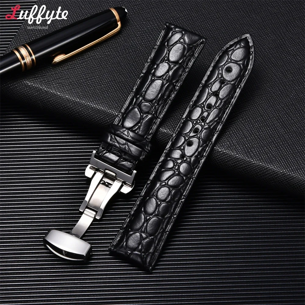 Business Casual Black Brown Leather Watch Band Strap with Butterfly Clasp Buckle Crocodile Pattern Bracelet 18mm 20mm 22mm 24mm