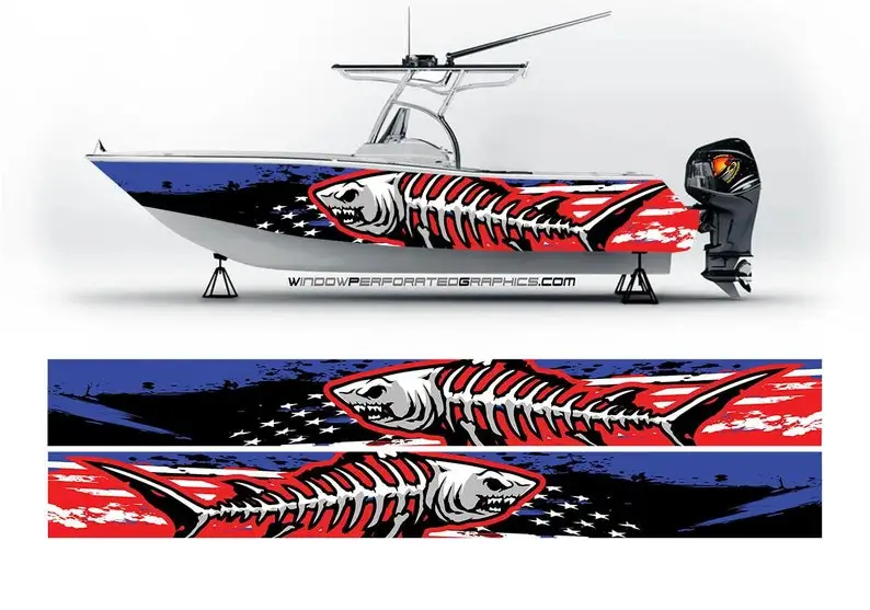 Distressed American Flag & Shark Fishbones Modern Lines Graphic Vinyl Boat Wrap Fishing Pontoon Sportsman Tenders Watercraft Sea