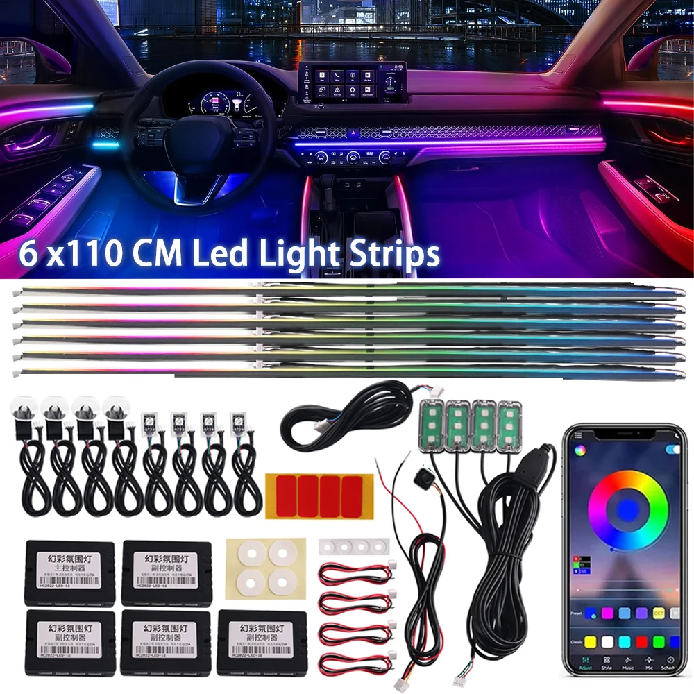 6*110CM LED Light Strips Universal 18 in 1 Full Color Car Ambient Lamp Kit Acrylic Interior Symphony Atmosphere Lamp APP Control