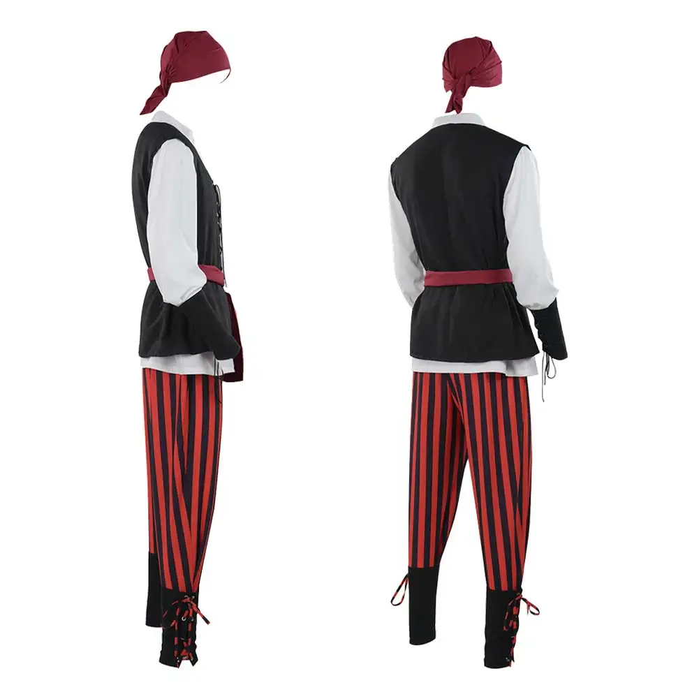 Medival Pirate Cosplay Sjaal Vest Broek Riem Mannen Retro Kostuum Halloween Carnaval Feest Fantasie Roleplay Pak