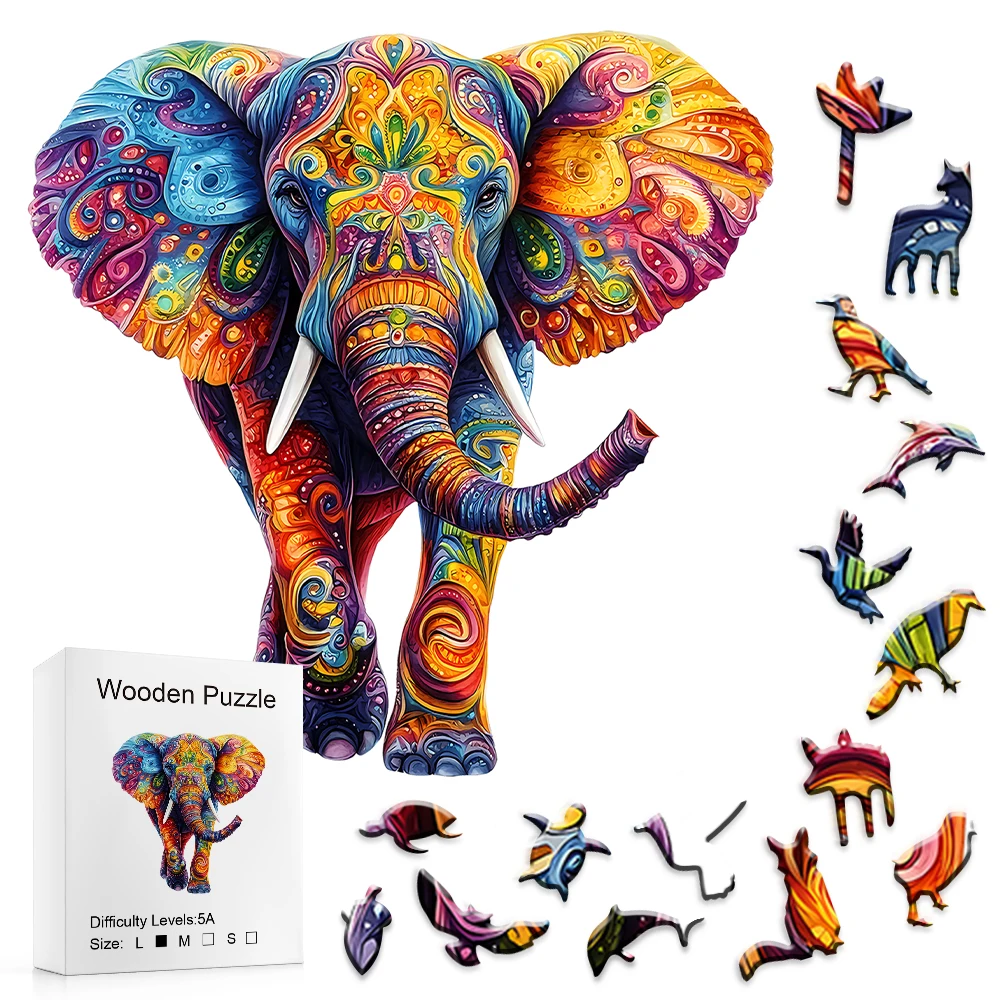 Colorful Elephant Wooden Puzzles for Adults – Irregular Animal-Shaped Brain Teasers with Decorative Art Design – Unique Party Ga