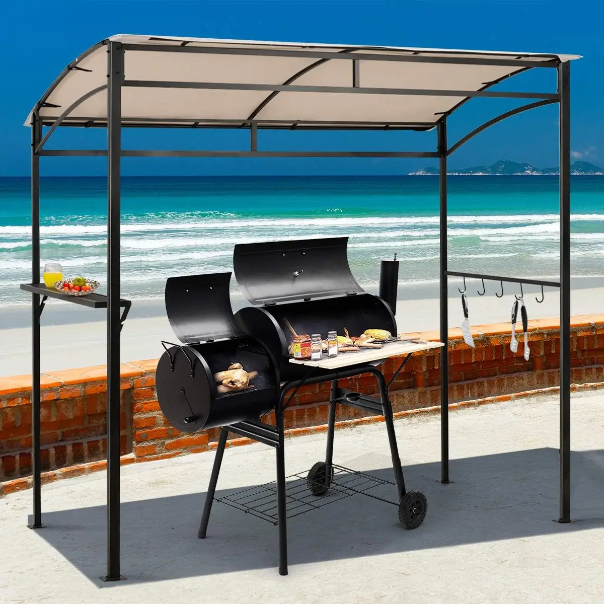 Outdoor Garden Grill Gazebo, Heavy - Duty Steel Frame, Beige Color with Serving Shelf and Hooks
