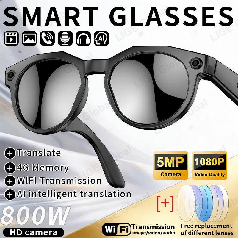 LIGE 5MP Camera Smart Glasses AI Translation Glasses 1080P Video Recording Voice Control Call Sunglasses Color Changing Lenses