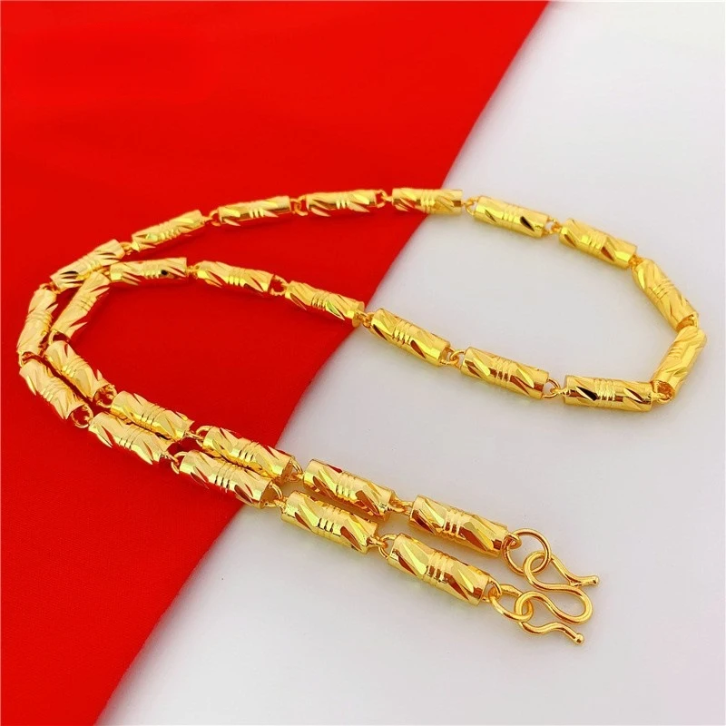 24K 999 Gold Men'S Necklace, Hexagonal Bamboo Section Trendy Chain, Personality Bestseller Gift For Him