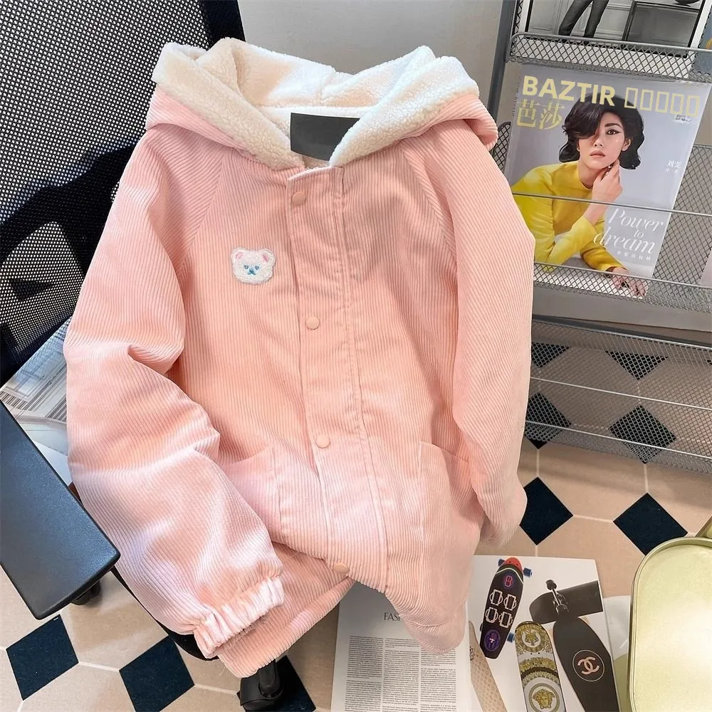 

Большая вельветовая куртка для пар с вышивкой, на флисовой подкладке, с капюшоном, утепленная, осенне-зимняя, хлопковая, для мужчин и женщин