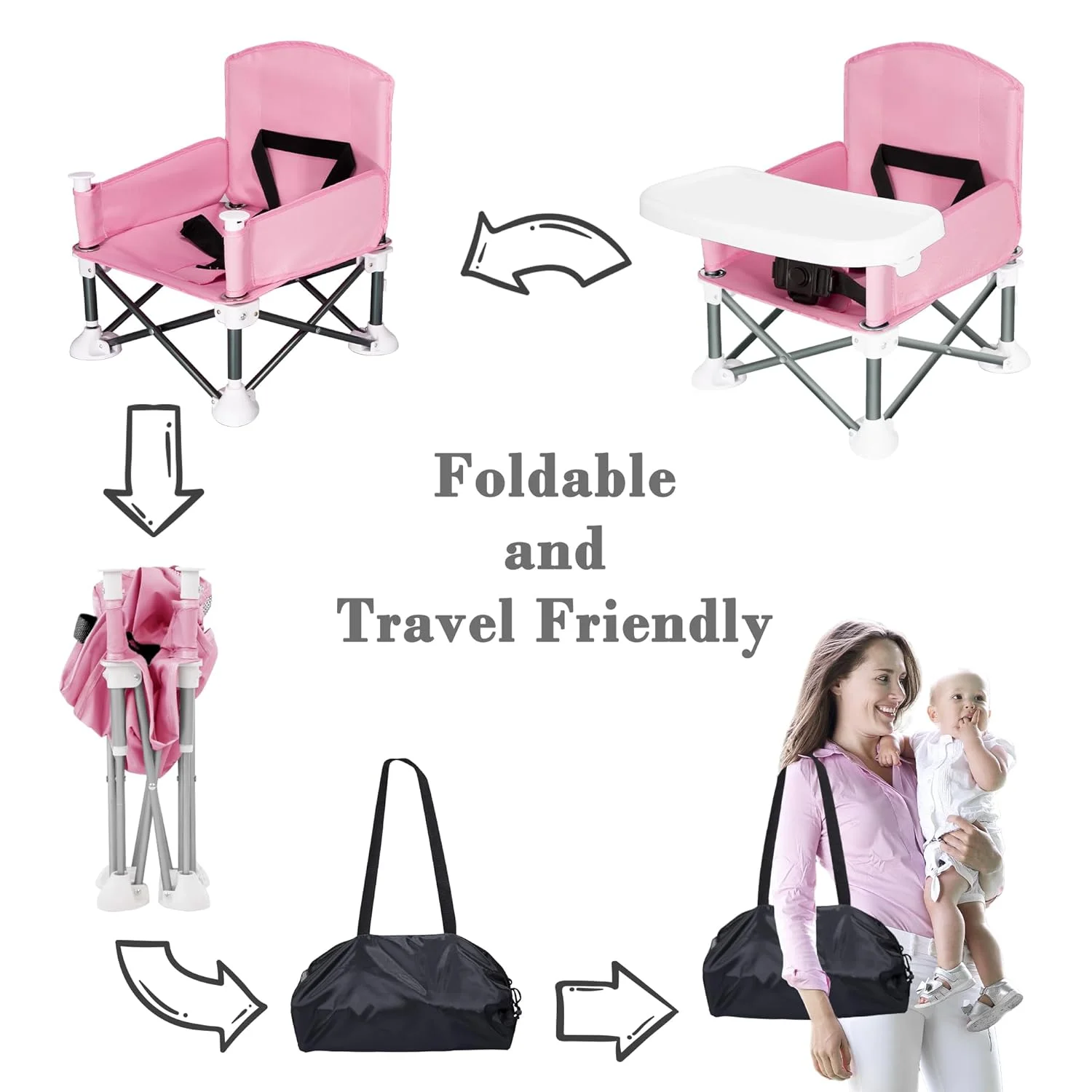 Baby Travel Booster Seat  Foldable Camping Chair Compact Portable Baby Seat with Removable Dining Tray for Kids Camping Beach La