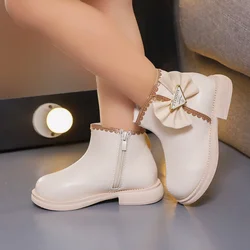 Kids Casual Boots for Girls Bow Lace Solid Color Sewing Cute 2023 Spring Autumn New Children Fashion Short Boots Princess Shoes