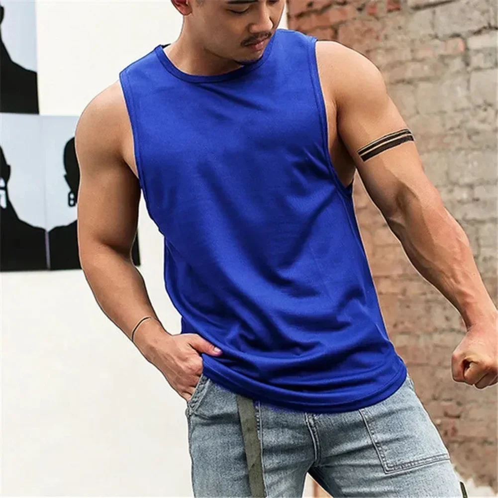 Fashion Men\'s Gym Tanks Tops Bodybuilding Fitness Sleeveless T Shirt Solid Color O-neck Sportswear Man Vests