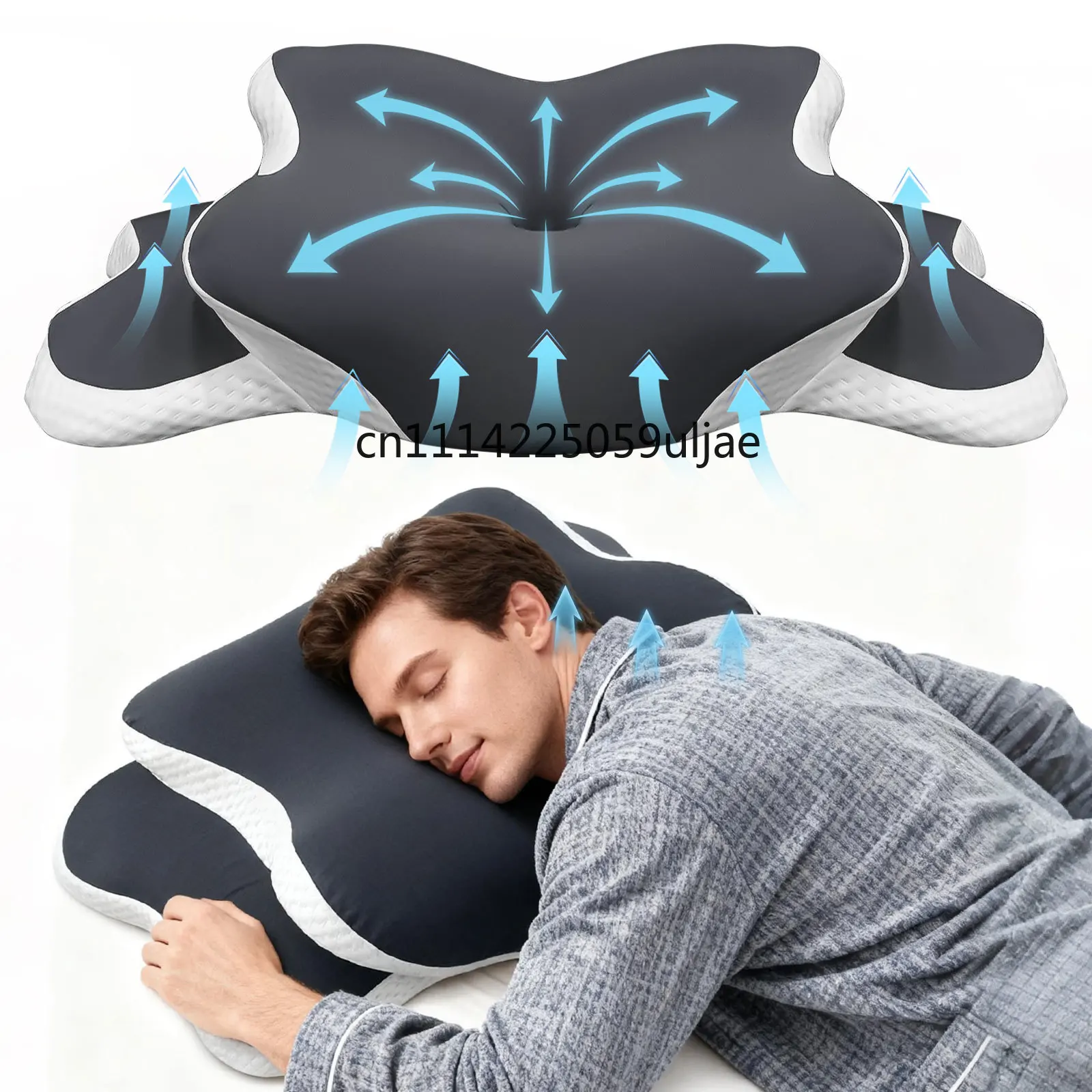 Ergonomisches Nackenkissen aus Memory-Schaum zur Linderung von Nackenschmerzen, mit Eisseiden-Kissenbezug, verstellbar, für Rücken- und Seitenschläfer