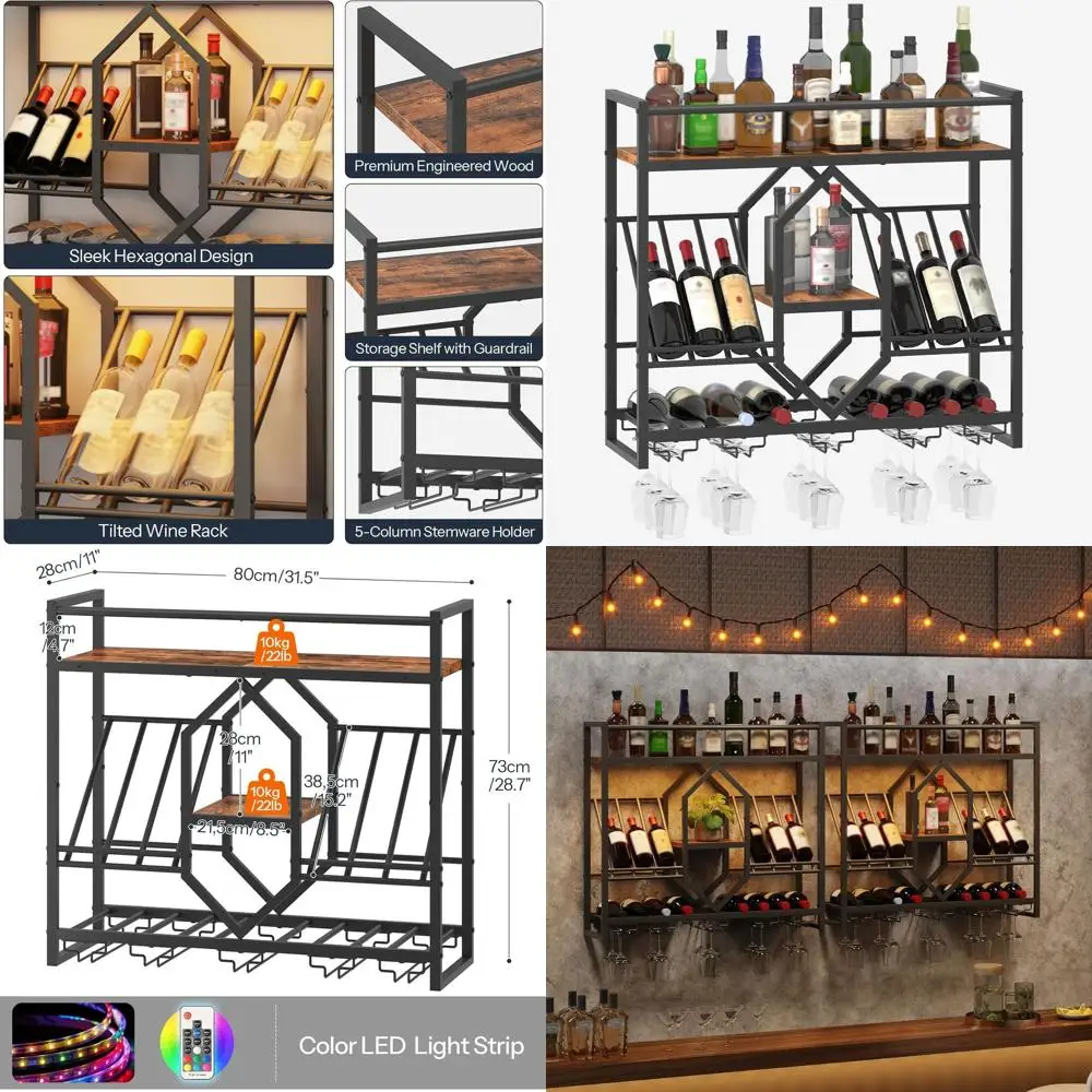 

31.5 3-Tier Wall-Mounted Wine Rack with LED Light, Glass Holder, for Kitchen or Bar, Rustic Brown and Black