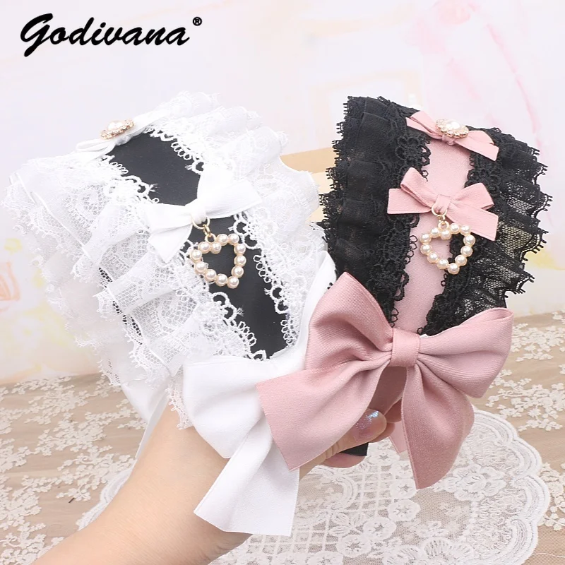 Fascia per capelli fatta a mano giapponese dolce e carina Lolita con fiocco in strass, fascia larga per ragazza, dolce copricapo da donna