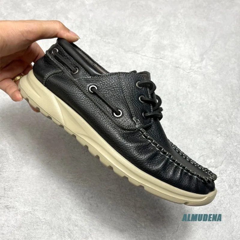 

Street Style Men Black Leather Boat Shoes Mixed Stitched Lace-Up Outdoor Trendy Versatile Casual Comfortable Daily Shoes