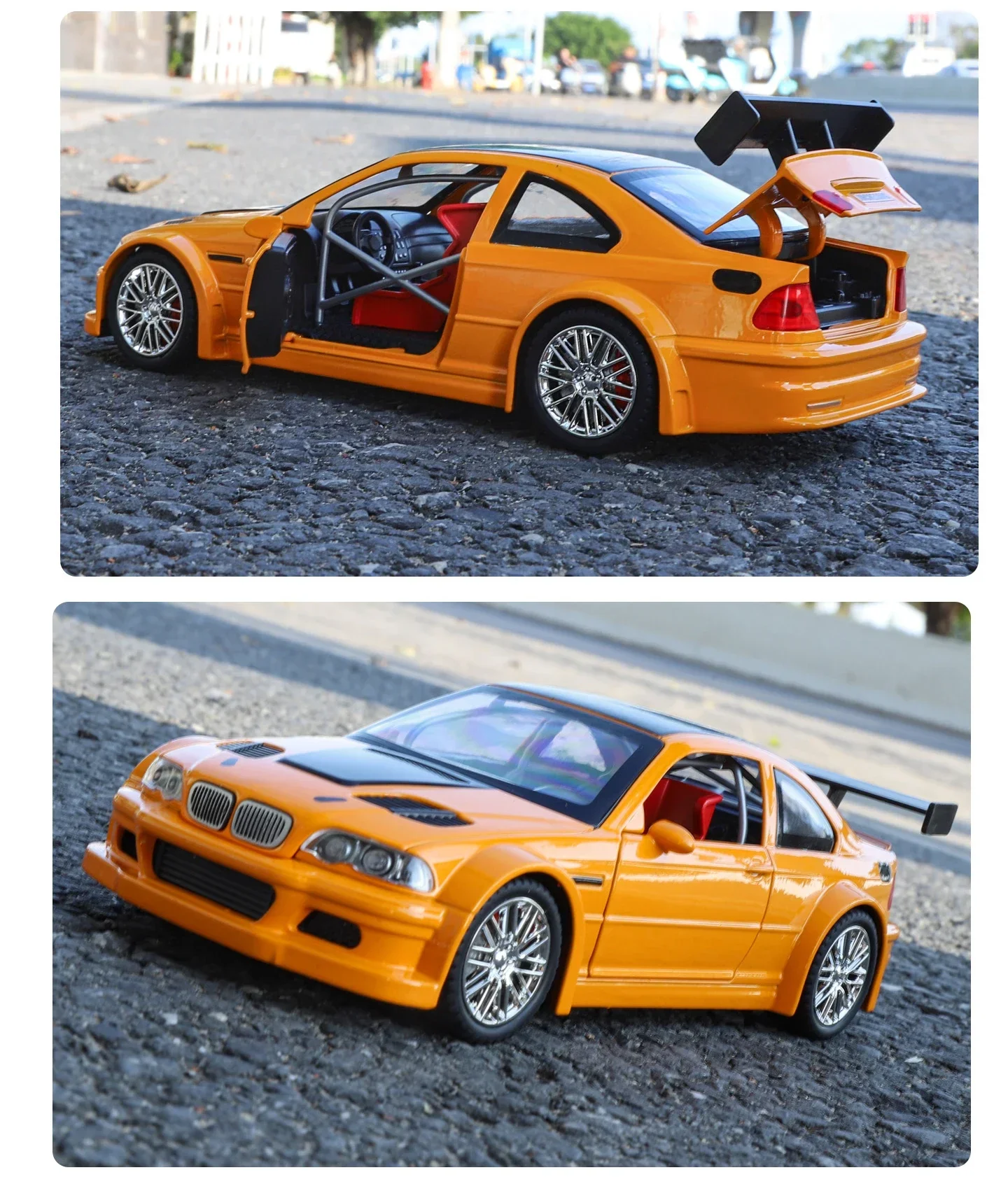 1:24 M3 GTR E46 Racing Alloy Metal Diecast Model Car Sound and Light Pull Back Collectibles Hobby Birthday