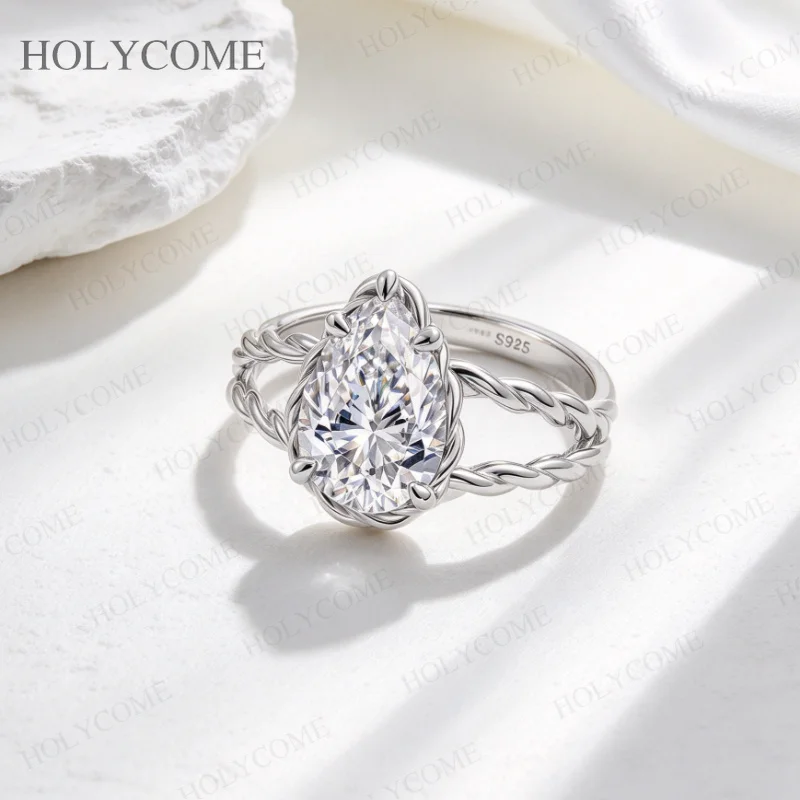 Pear Cut 2CT D Color Moissanite Ring 925 Sterling Silver Twisted Band Fine Jewelry Wedding Engagement Ring for Women