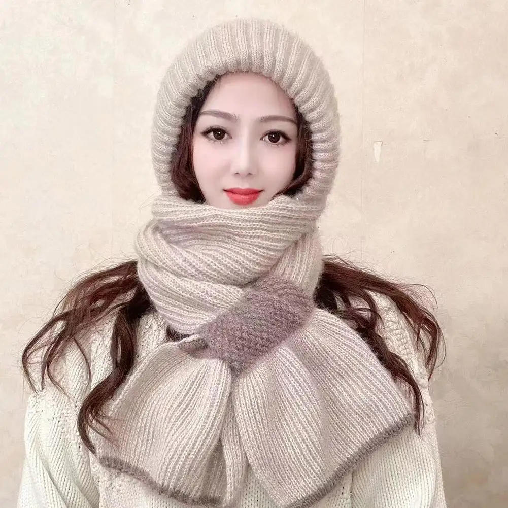 Winter Bunte Mode Gestrickte Kapuze Hut Schal 2in1 Hals Abdeckung Wind Und Kältebeständig Koreanische Trend Verdicken Pullover Frauen Hut