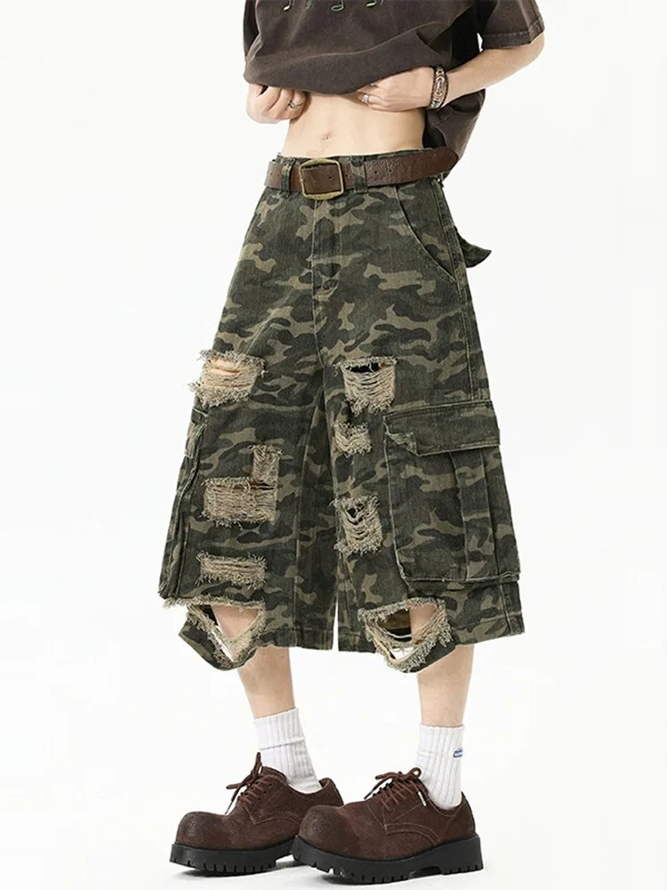 Damskie jeansy Y2K w stylu streetwear, luźne, z dziurami, letnie, amerykańskie, eleganckie spodnie cargo w stylu high street.
