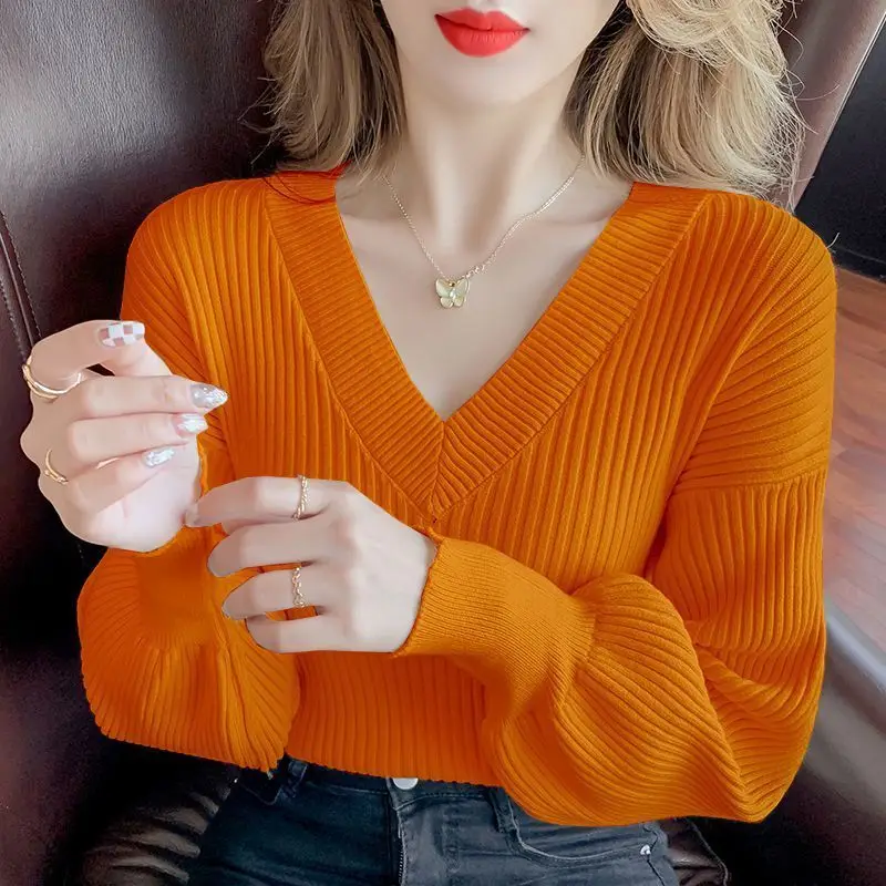 Autumn Winter Solid Color Simple V-neck Sweater Lady Oversized Casual Fashion All-match Jumper Top Women Loose Knitting Pullover