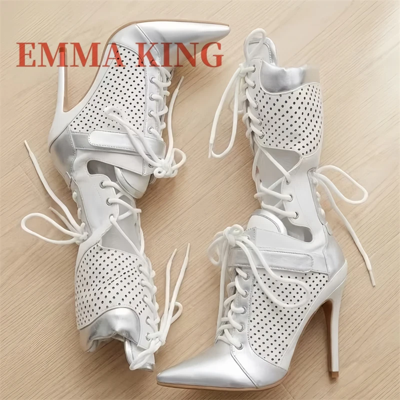 Sports Styles Lace‑Up Mid‑Calf Boots,,Pointed‑Toe Patchwork Cut Out Ankle Booties,Elegant Nightclub Party Footwear for Women