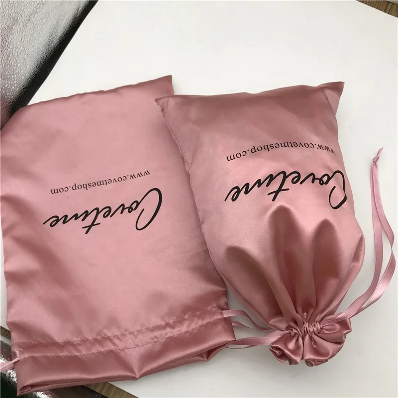 رباط من الساتان لوكس شنطة هدايا أحذية مكياج ملابس وصلات شعر طبيعية باروكات تغليف تخزين حقائب شعار مخصص 20 قطعة