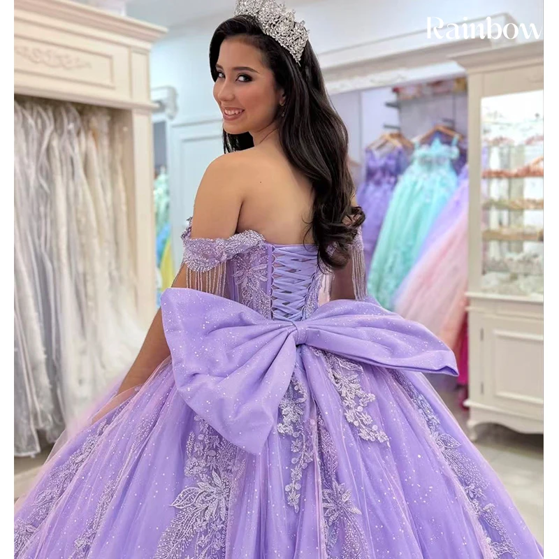 Fioletowa suknia Quinceañera z organzy z haftem i cekinami, księżniczka, suknia balowa, bez rękawów, dekolt łódka, szyta na miarę, suknie na studniówkę, kokarda