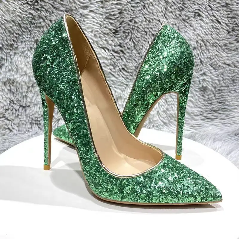 

Green Glitter Slip On Shallow Pumps Pointed Toe Thin High Heel Fashion Sexy 2024 Summer Big Size Woman Shoes Zapatillas Mujer