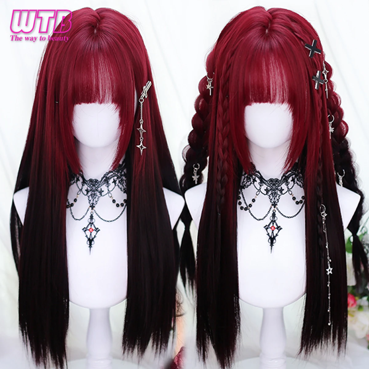 WTB Synthetic Hair Wine Red Black Long Straight Synthetic Lolita Wig High Temperature Fiber Wig with Bangs Cosplay Halloween Wig