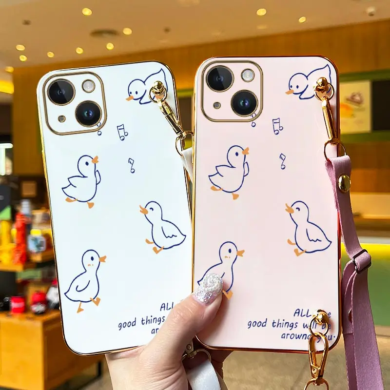 Singing Duck Lanyard Plating Phone Case For iPhone 15 11 13 12 14 Pro Max Mini XS Max XS XR X 14 15 7 8 6S 6 Plus Cover