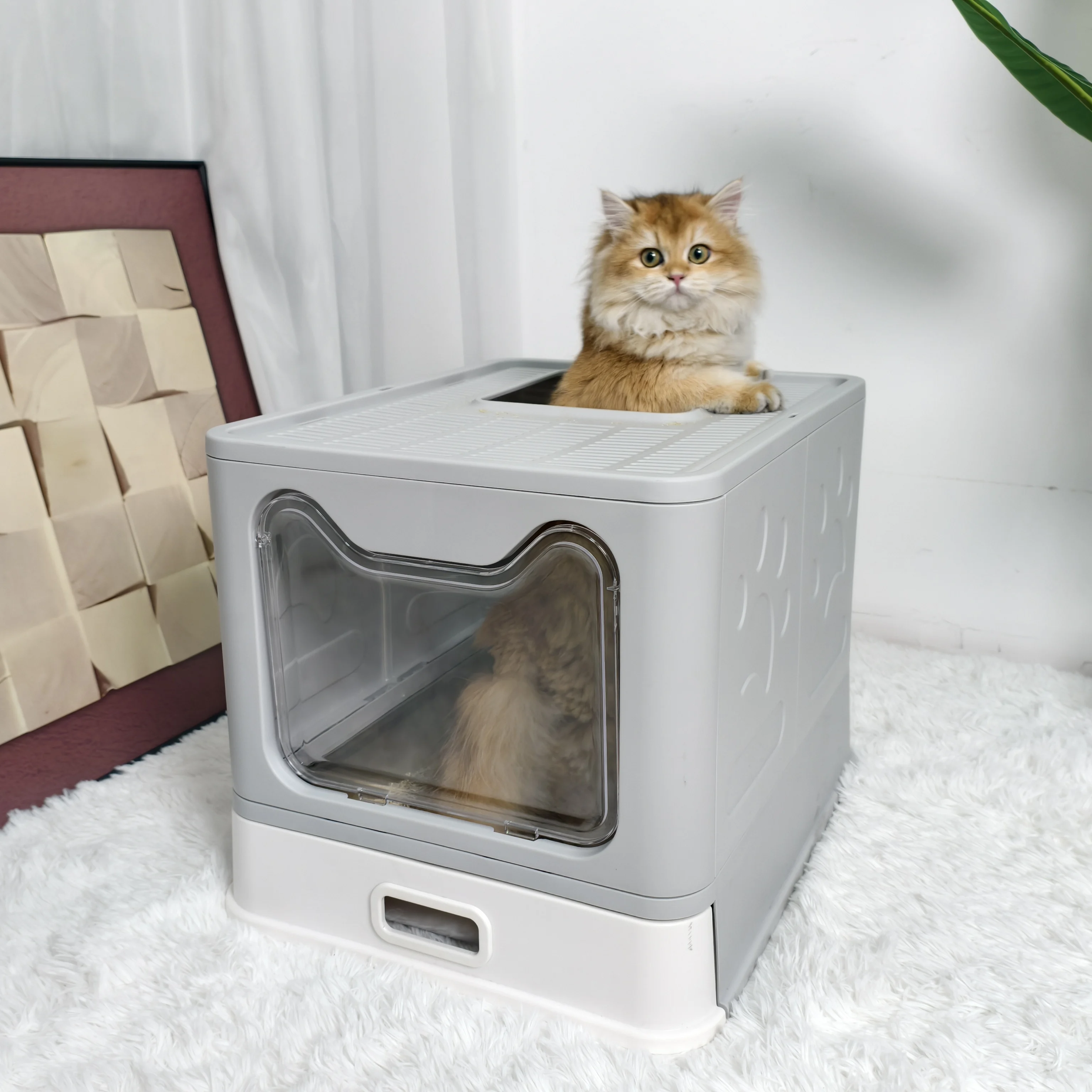 

Закрытый лоток для кошачьего туалета из нержавеющей стали с передним входом и выдвижным дном, лоток для кошачьего туалета с капюшоном и крышкой, совок