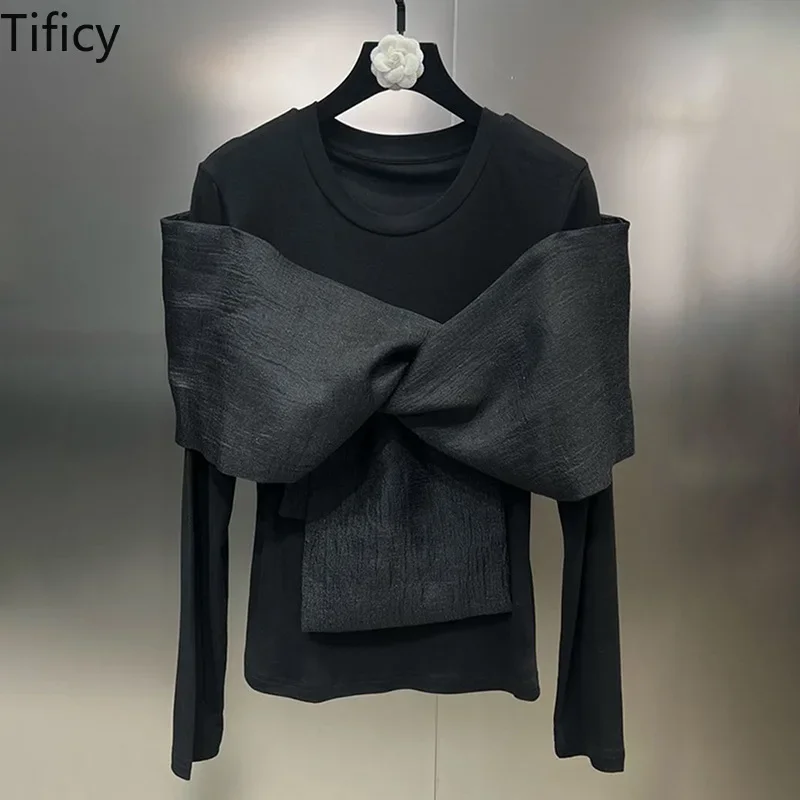 

TIFICY High Street Women's Fashion Spring New Product Round Neck Long Sleeve Personalized Cross Bow Solid Color T-shirt Tops