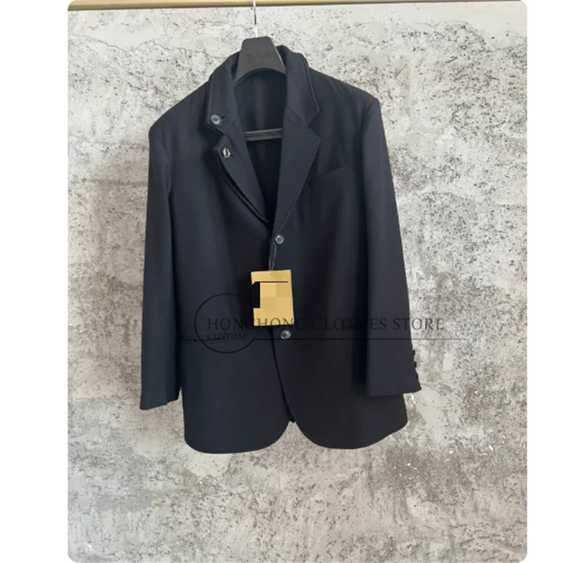 Exclusive original design men's double-layered fake two-piece custom suit in black, with a black casual jacket.