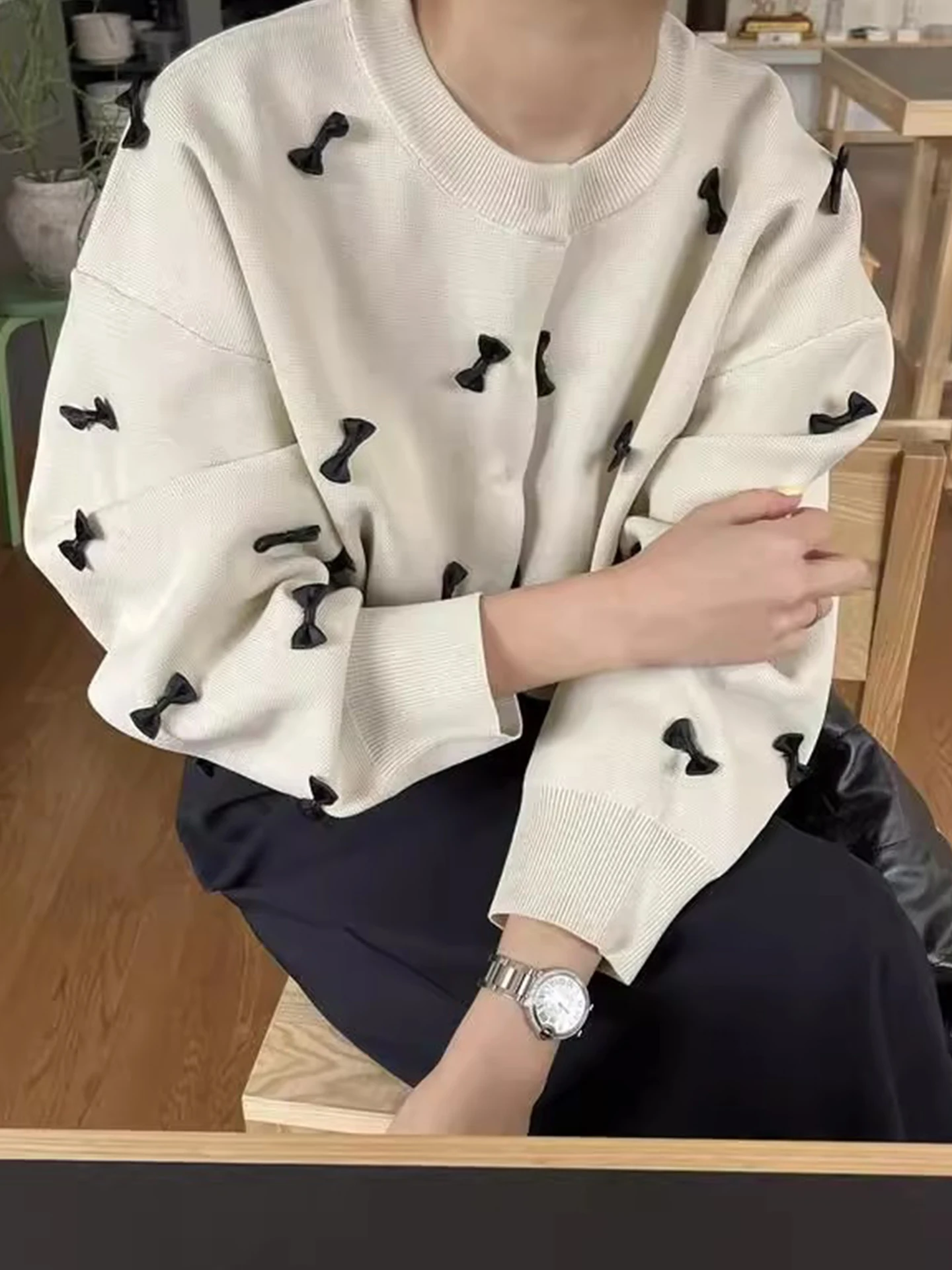 

Милый молодежный вязаный свитер, женский свободный крой, зимний новый теплый топ, украшение с узлом, 3D украшение