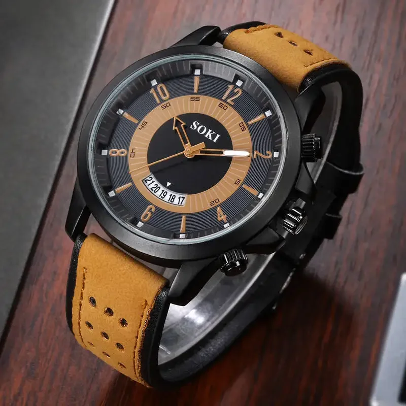 Men’s High Quality Casual and Versatile Fashionable Simple Large Round Dial Calender Hollow Out Frosted Strap Quartz Watch