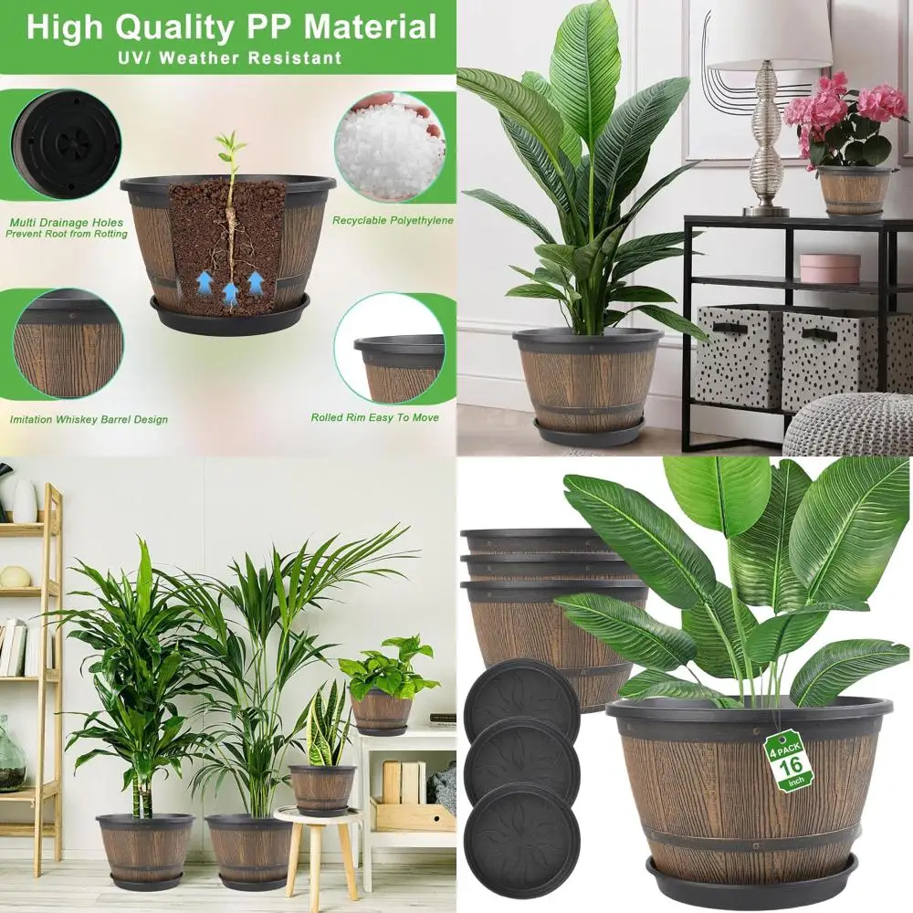 

Комплект из 4 больших кашпо в виде бочки для виски с дренажем для внутреннего и наружного использования