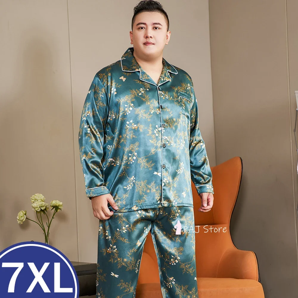 

Men Pajama Sets Silk Satin Pijama Turn-down Collar Sleepwear Large Size Long Sleeve Autumn Nightwear Male 2 Pieces Sets Homewear