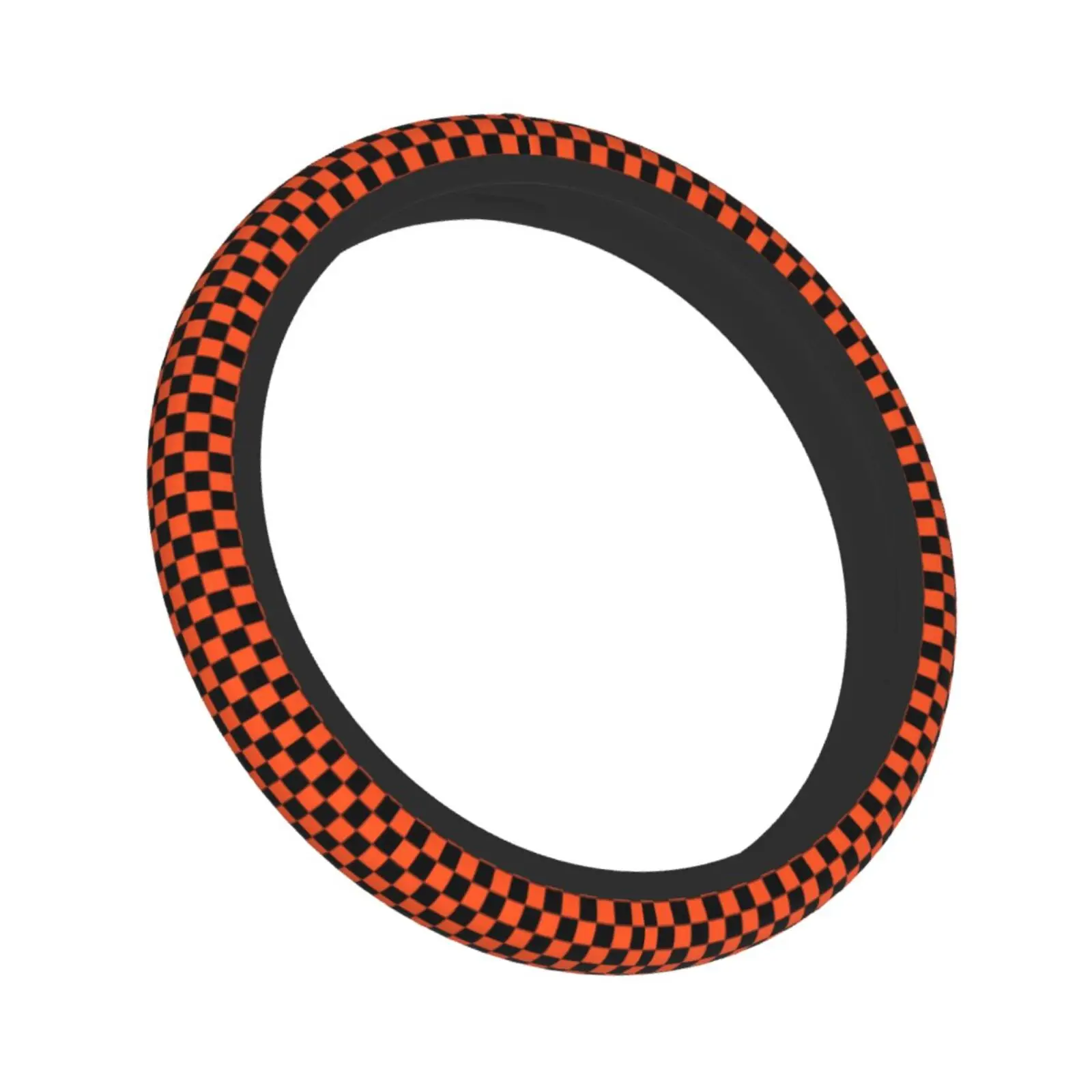 Black and Orange Grid Pattern Print Car Steering Wheel Cover Soft Comfy Protective Decoration  Automotive Supplies for 15Inches