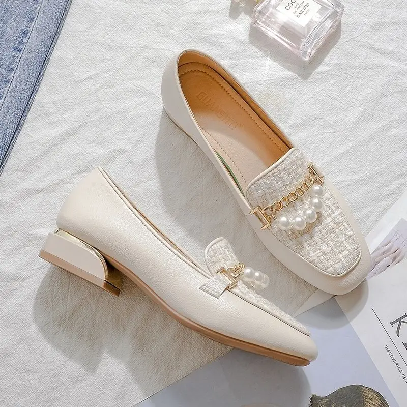 Woman Pumps Kawaii Cute Square Toe Block Heel Shoes for Women Loafers Pearl Chunky Heels Korean Style E Non Slip Shoe Chic Point